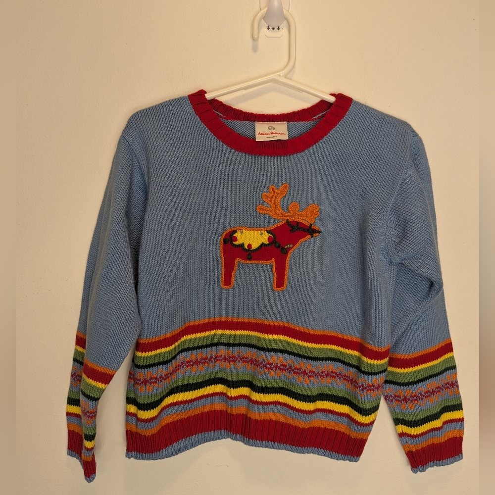 Vintage Hanna Andersson Kids Reindeer Striped Sweater Cotton Made In Peru 130/8